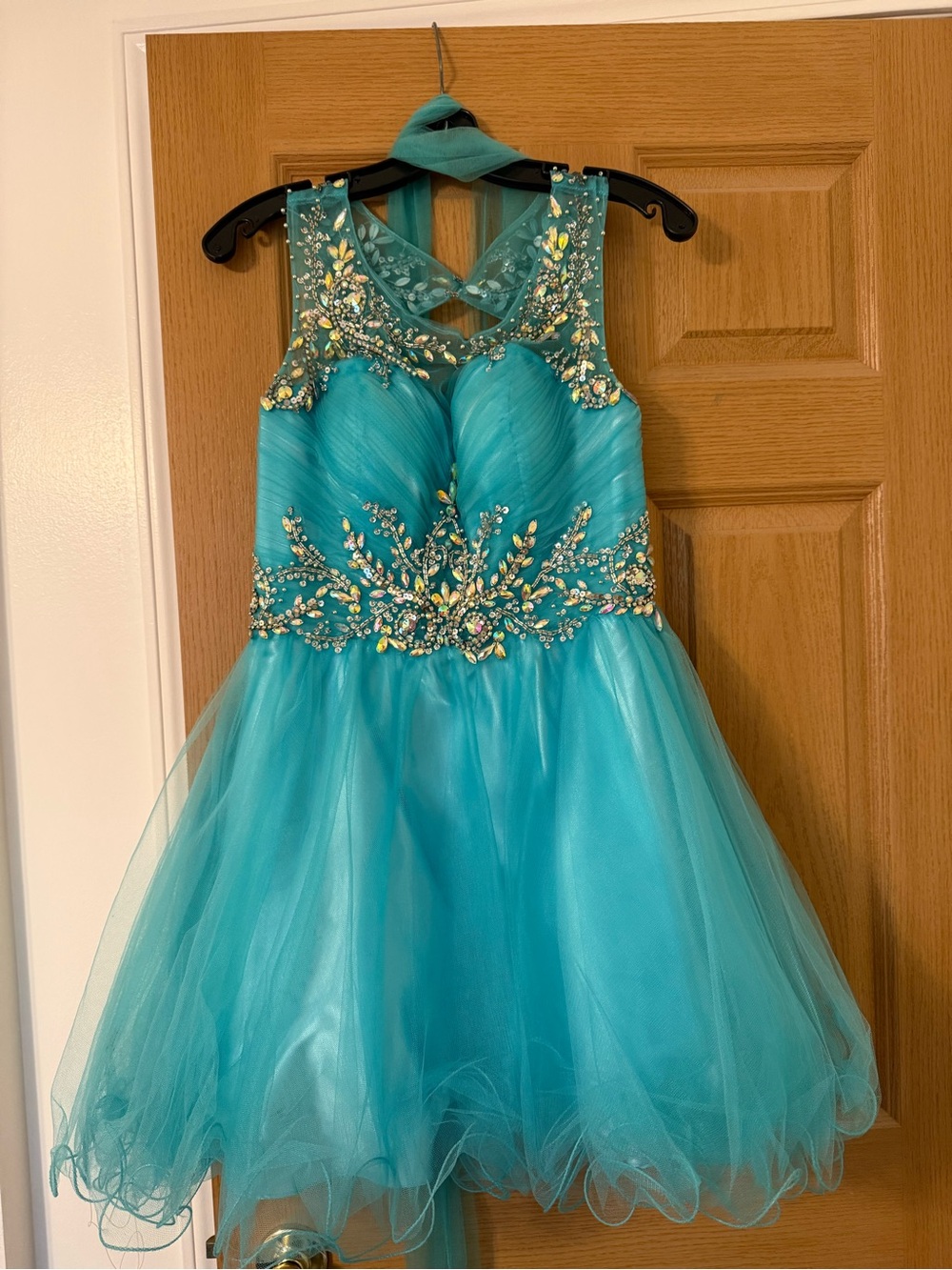 Aspeed Turquoise Beaded Tulle Mini Dress